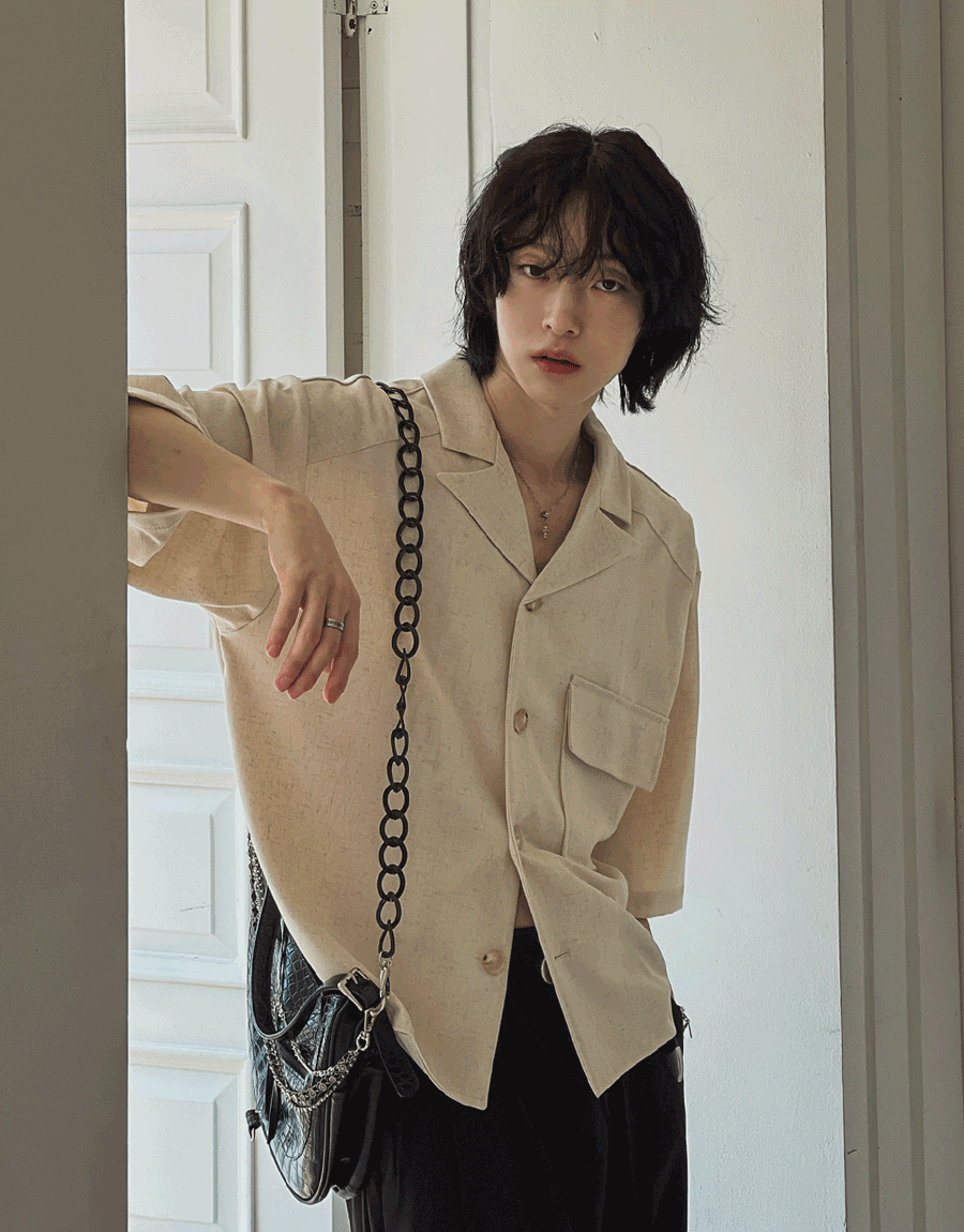 簡潔口袋亞麻短款短袖夾克