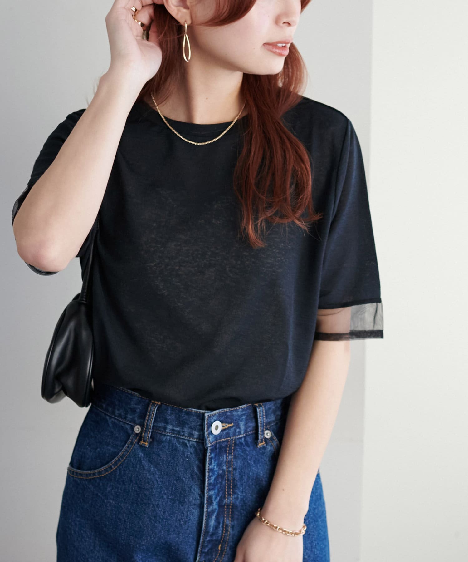 DISCOAT(ディスコート)  【新色追加！】シアー袖切替5分袖《WEB限定カラーあり》黑（DCZ1041306A0009）