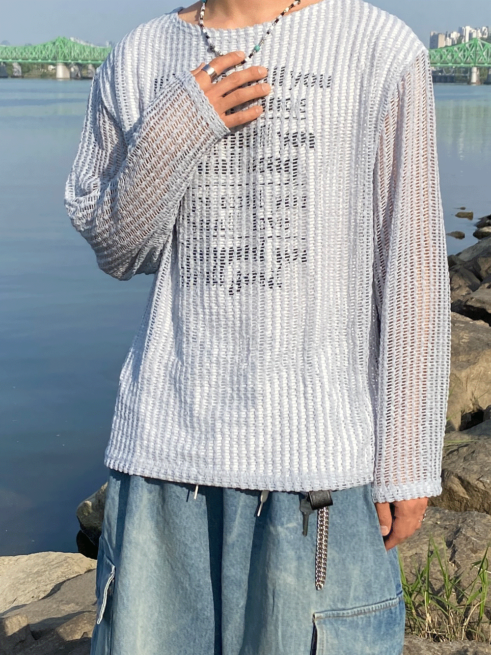 網眼背心層疊式長袖T恤