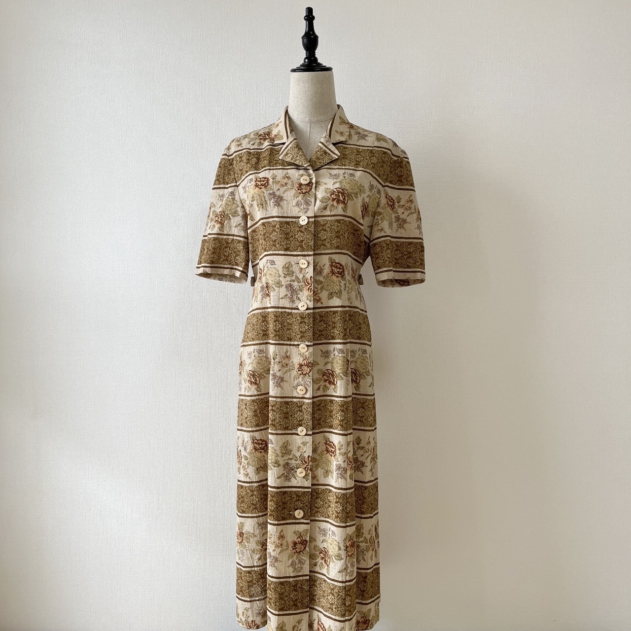 焙茶色薄身大花古著連身裙