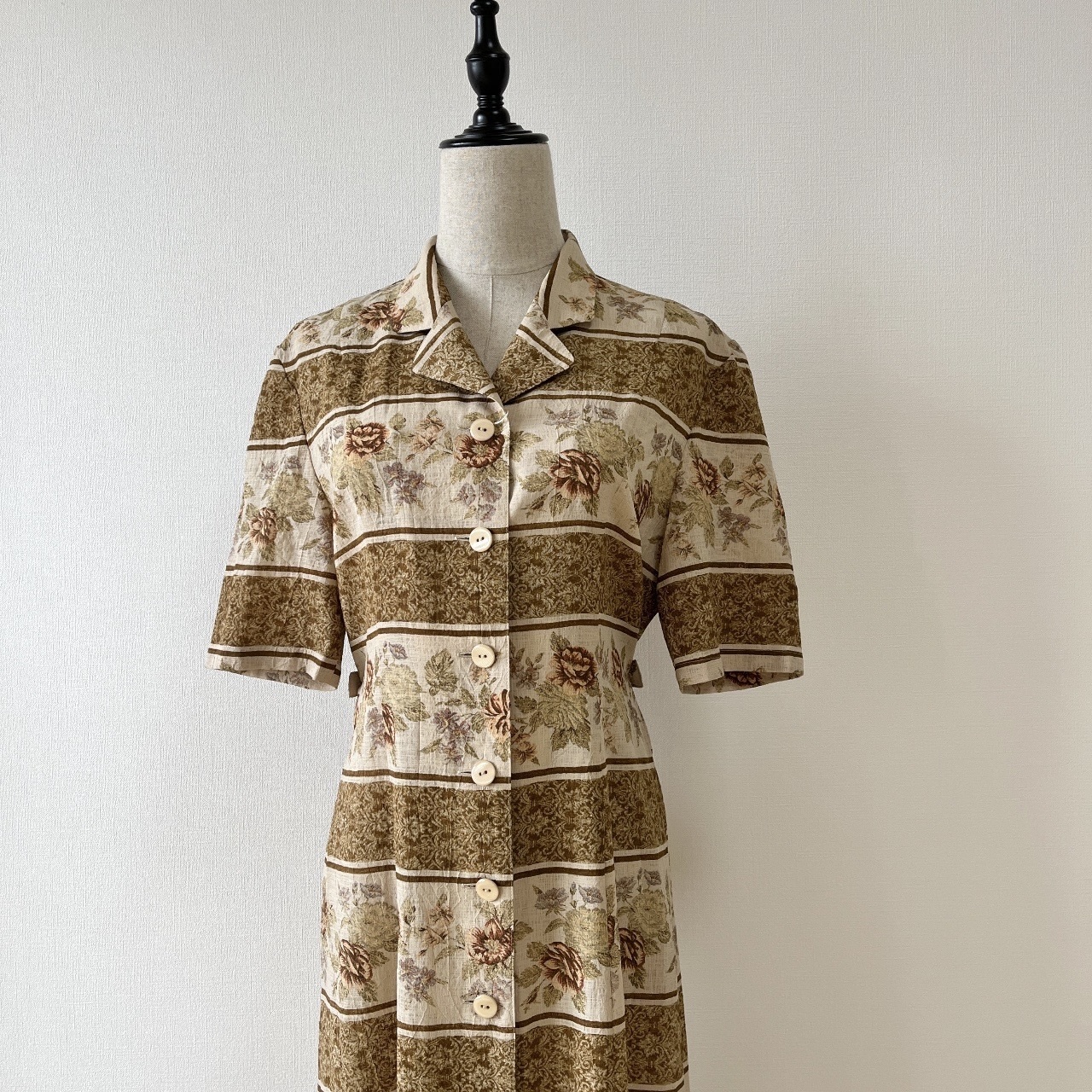 焙茶色薄身大花古著連身裙