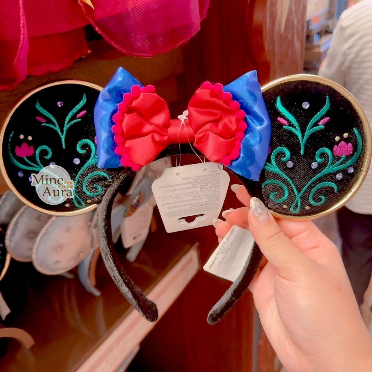 米妮 Minnie 藍紅蝴蝶結 刺繡黑絨 造型 髮圈 髮箍 -香港迪士尼樂園