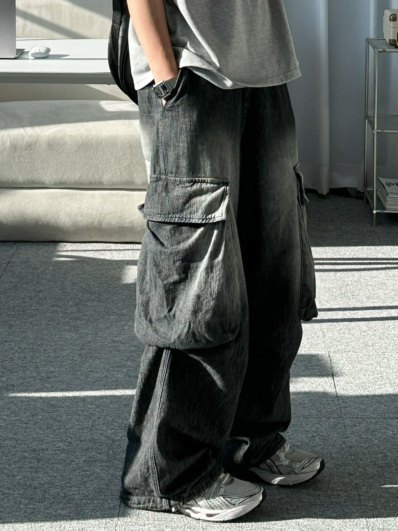 夏季涼爽鬆緊帶工裝牛仔褲