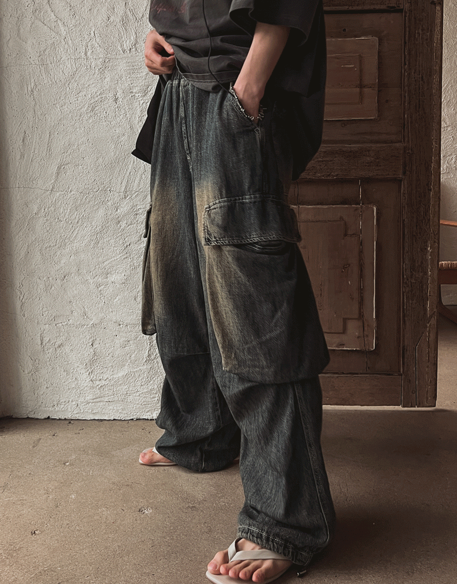 夏季涼爽鬆緊帶工裝牛仔褲