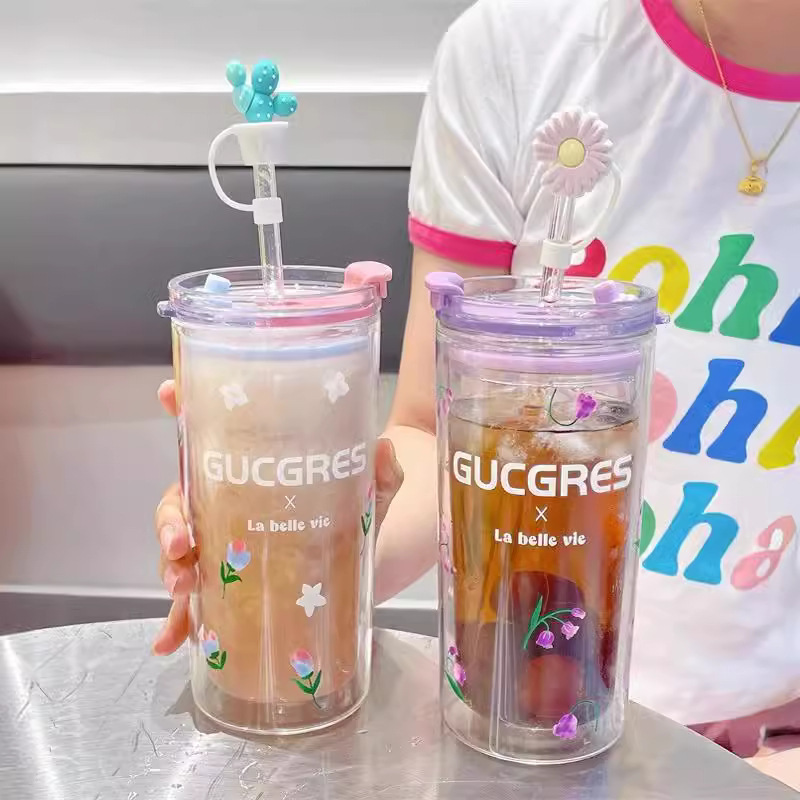 《4343》夏日風少女色系雙層玻璃吸管杯550ml