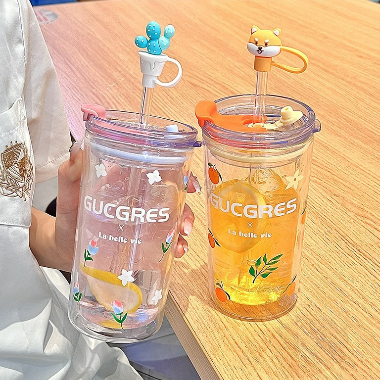 《4343》夏日風少女色系雙層玻璃吸管杯550ml