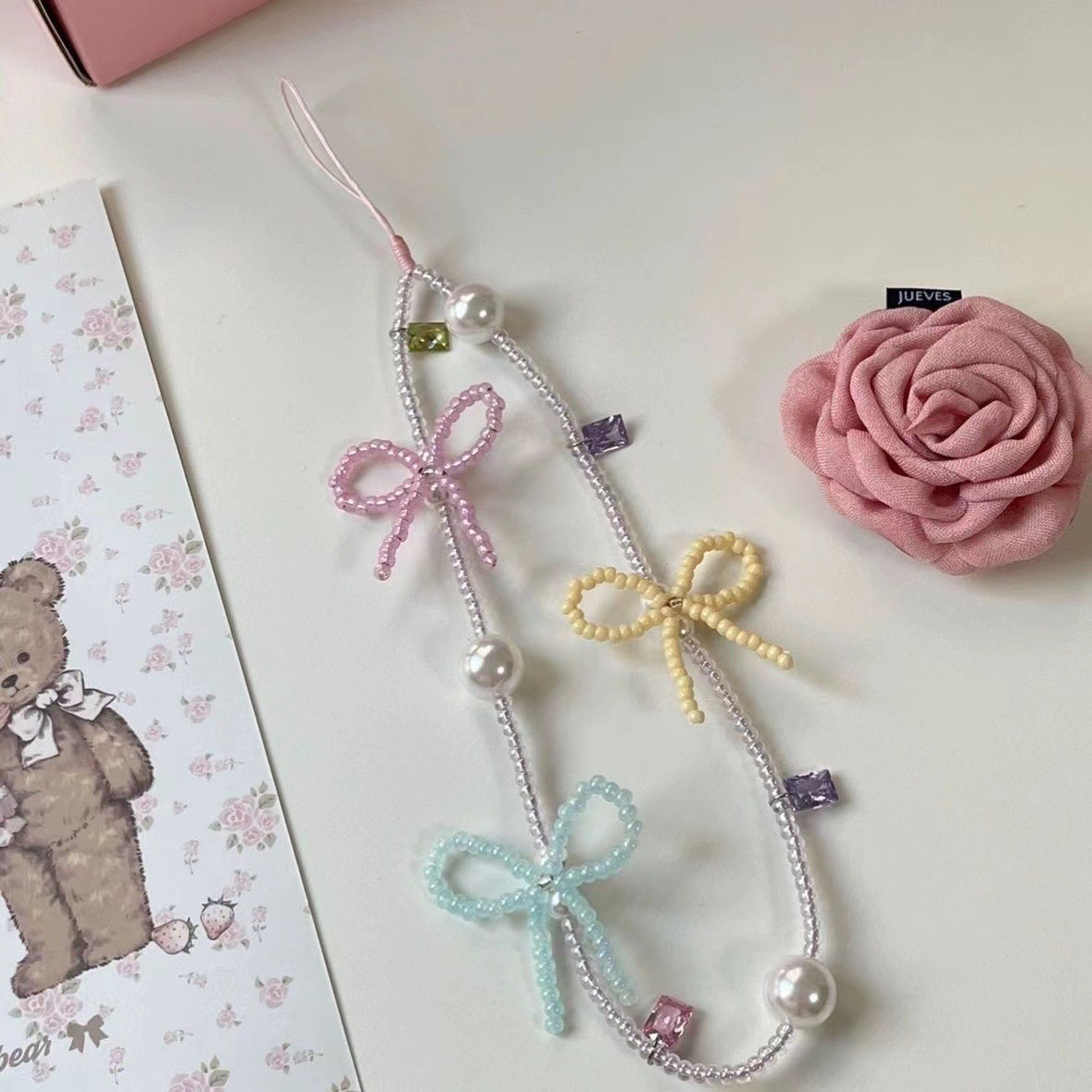 《4347》ins少女流行蝴蝶結手機珠珠掛繩