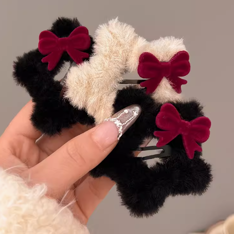 [4 FOR RM10] Black/White Plush Ribbon Star Hair Clip