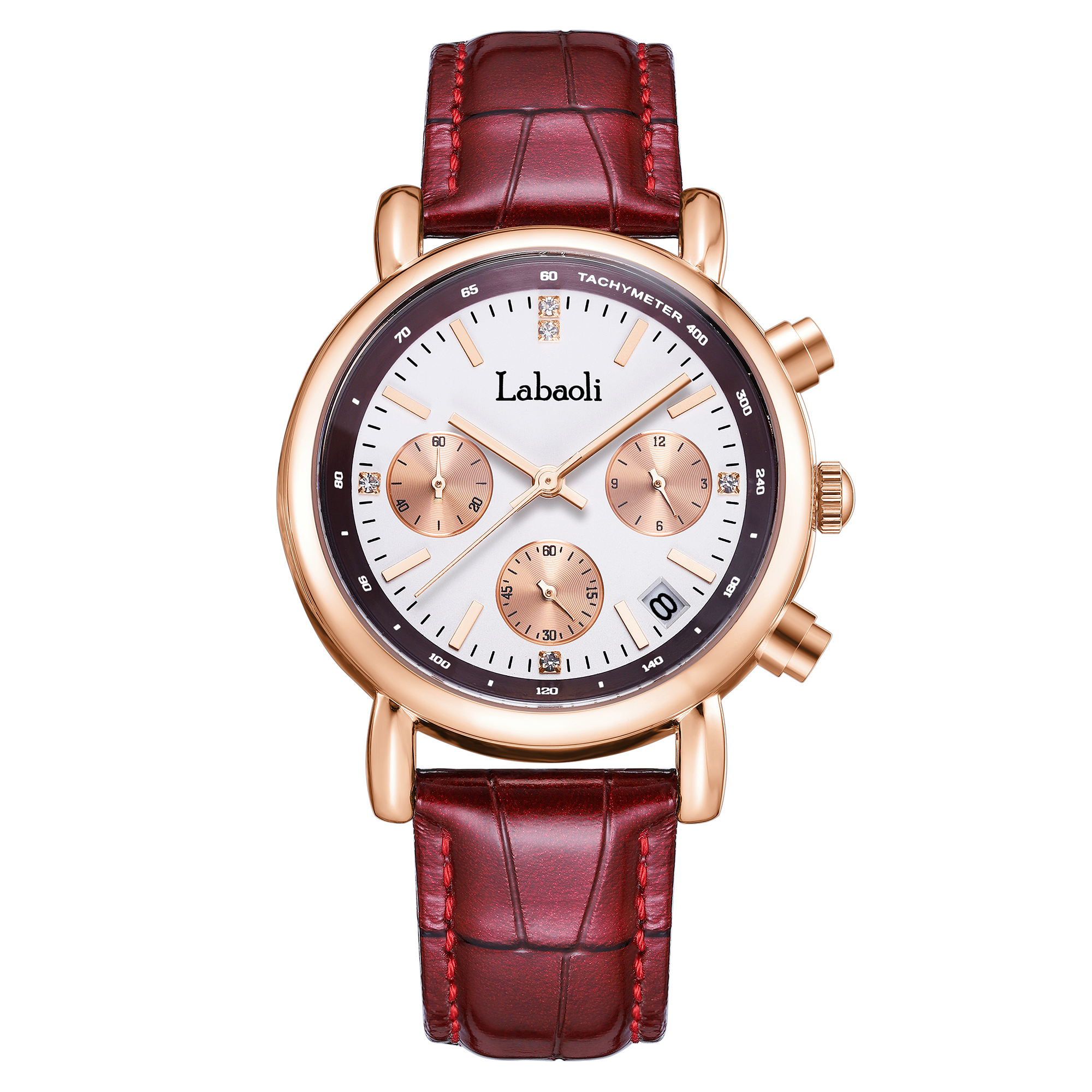 【Labaoli 娜寶麗】晶鑽時標 真三眼帶日期 玫瑰金框 皮革腕錶