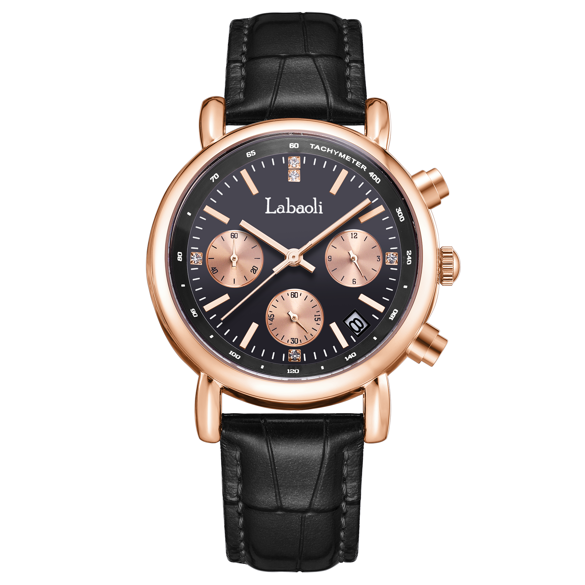 【Labaoli 娜寶麗】晶鑽時標 真三眼帶日期 玫瑰金框 皮革腕錶