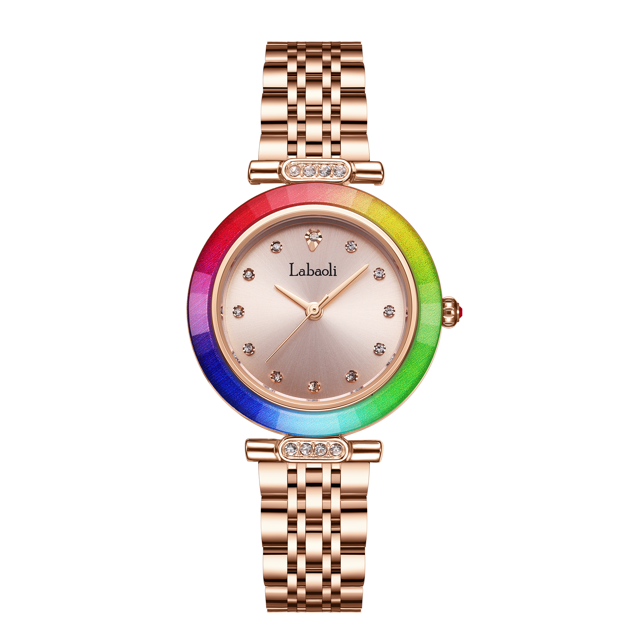 【Labaoli 娜寶麗】彩虹錶圈 晶鑽時標 不鏽鋼腕錶