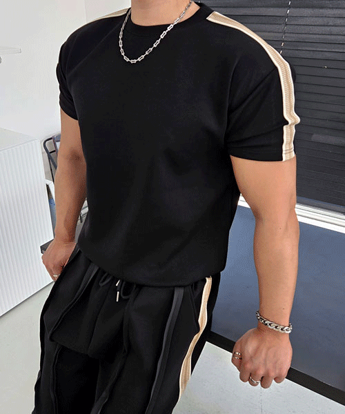 夏季跑道線條彈力肌肉短袖T恤