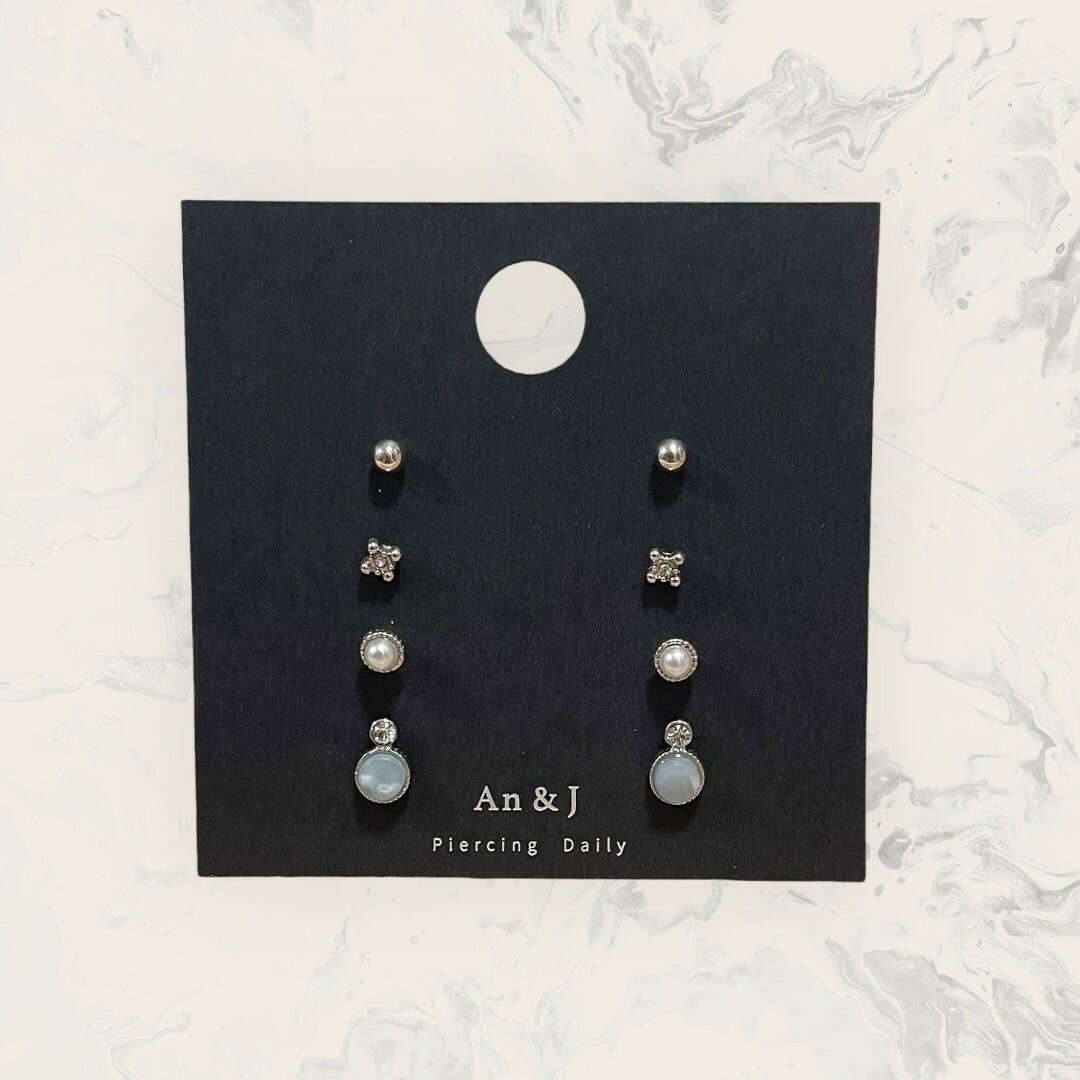 韓國直送-鋼針 珠珠+中鋯菱形+邊框珍珠+上鋯下厚白紋圓 八件組