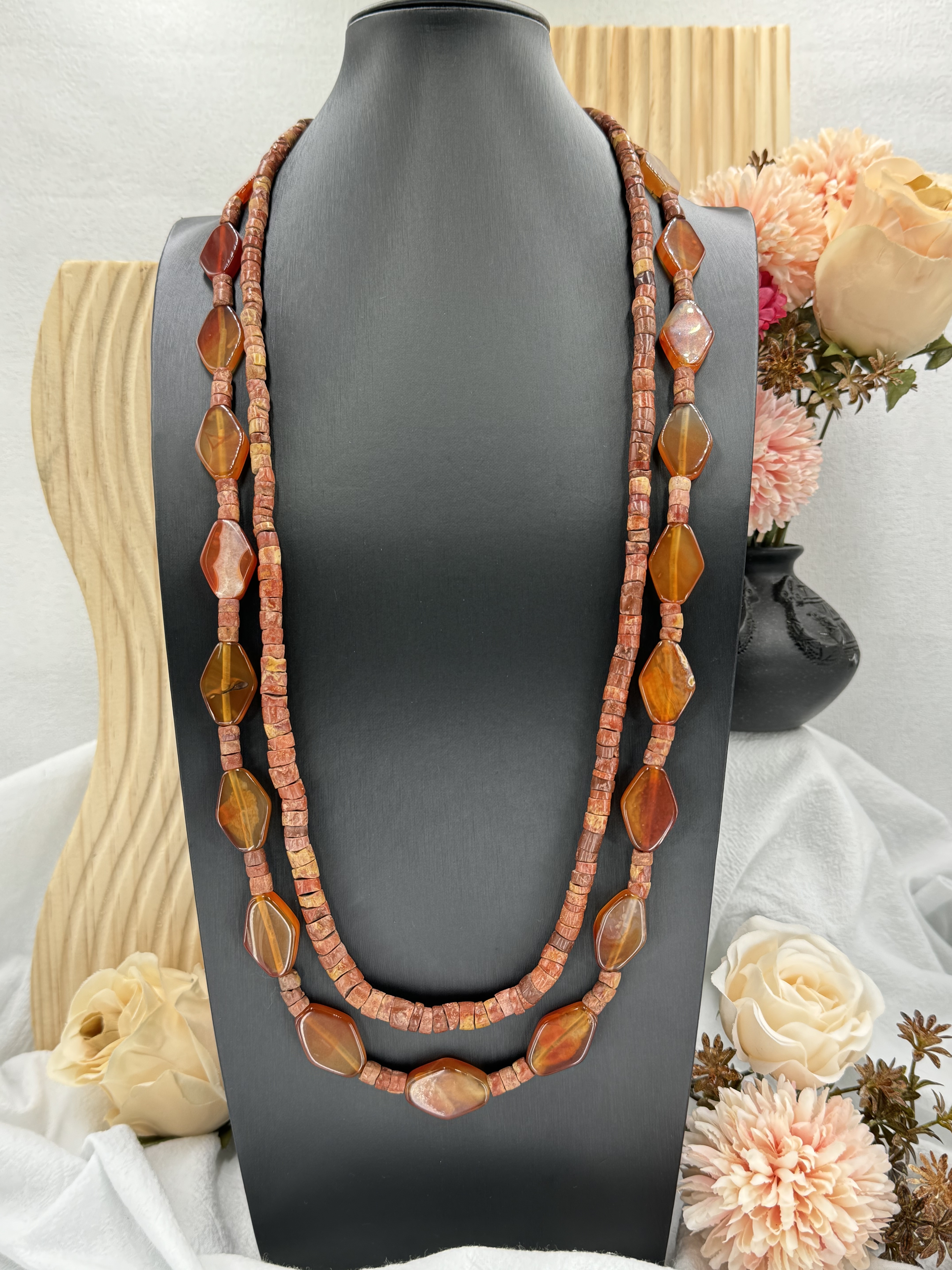 Muni-No.7貿易古珠菱形瑪瑙兩條式複串長鍊85cm