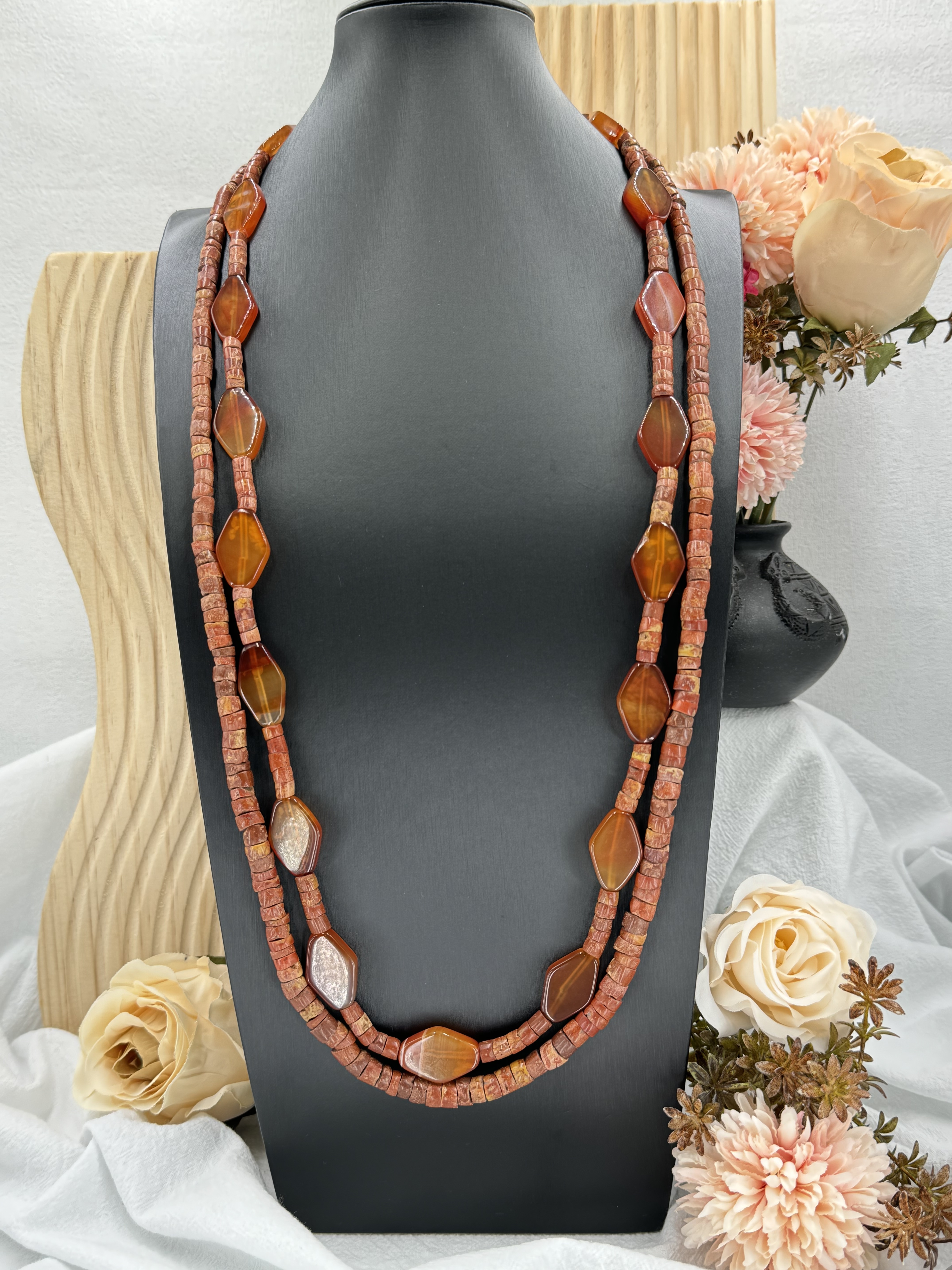 Muni-No.8貿易古珠菱形瑪瑙兩條式複串長鍊85cm