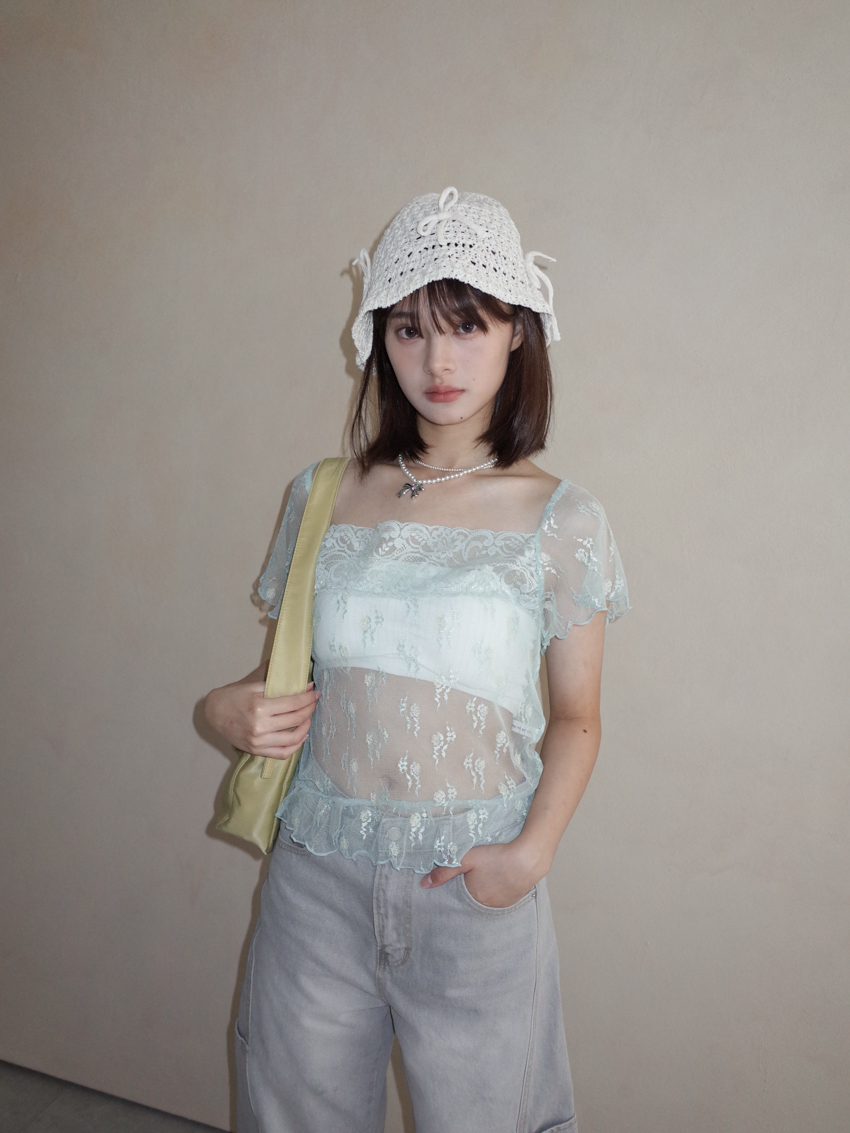 sheer lace knotted small flower embroidered square neck top