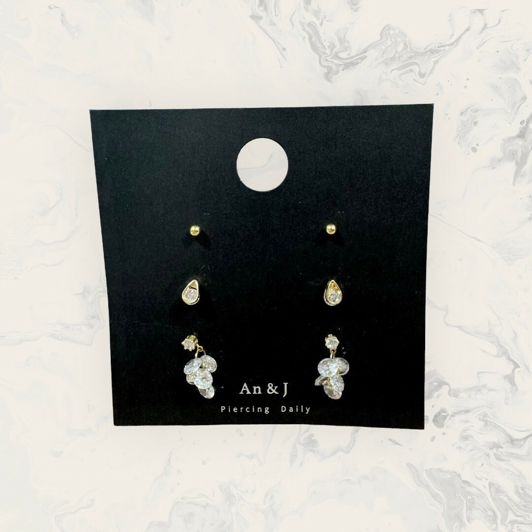 韓國直送-銀針 珠珠+水滴框夾白鋯+白鋯吊裸鋯串 六件組