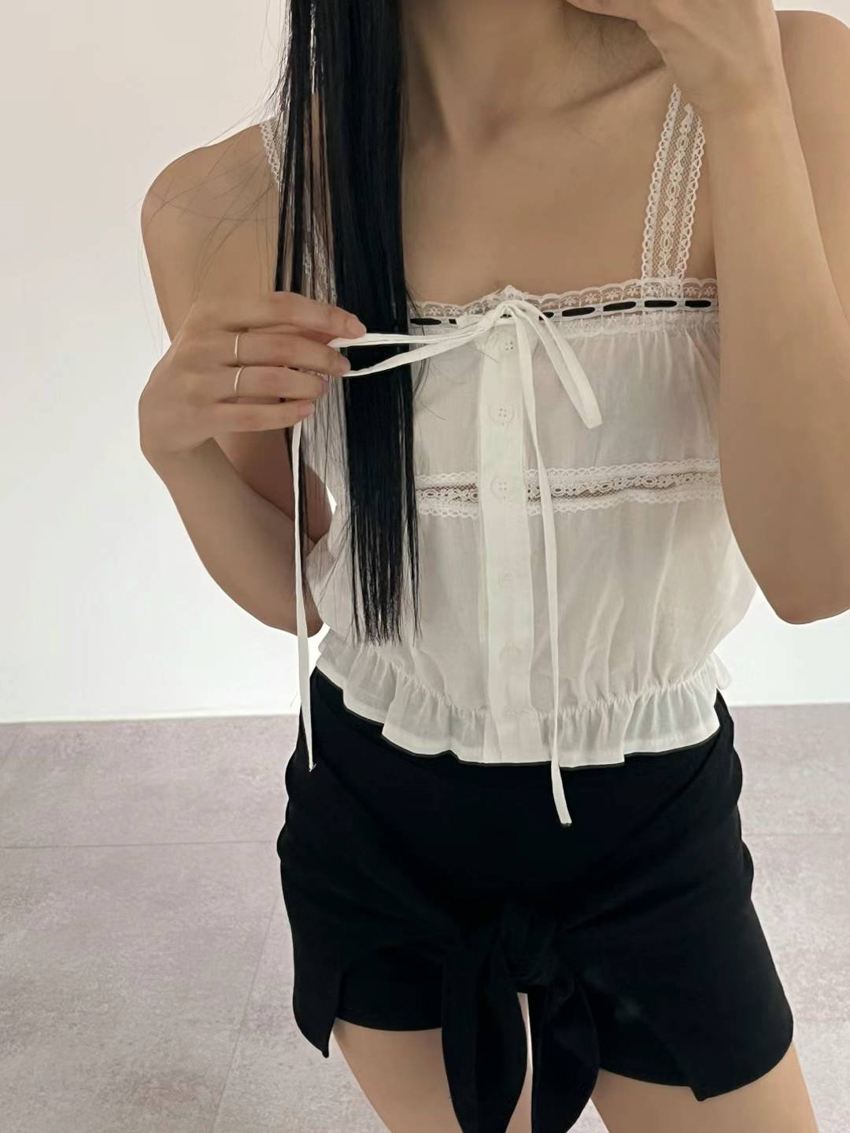 contrast satin ribbon knot lace strap vest