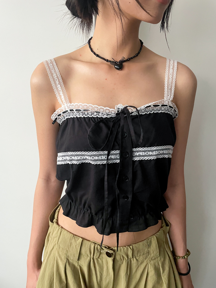 contrast satin ribbon knot lace strap vest