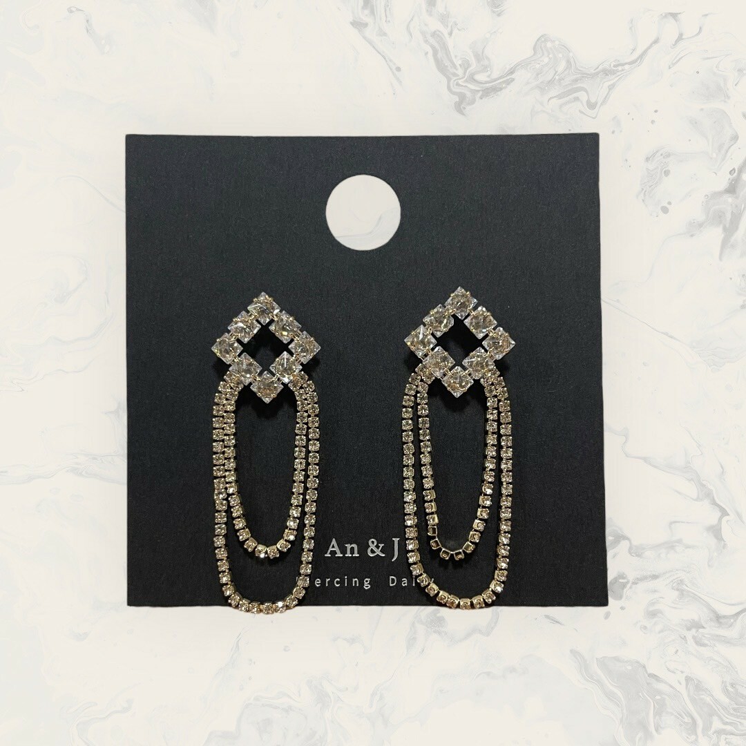 韓國直送-銀針 排列方鋯菱框下雙排線鋯圈 鍍14K