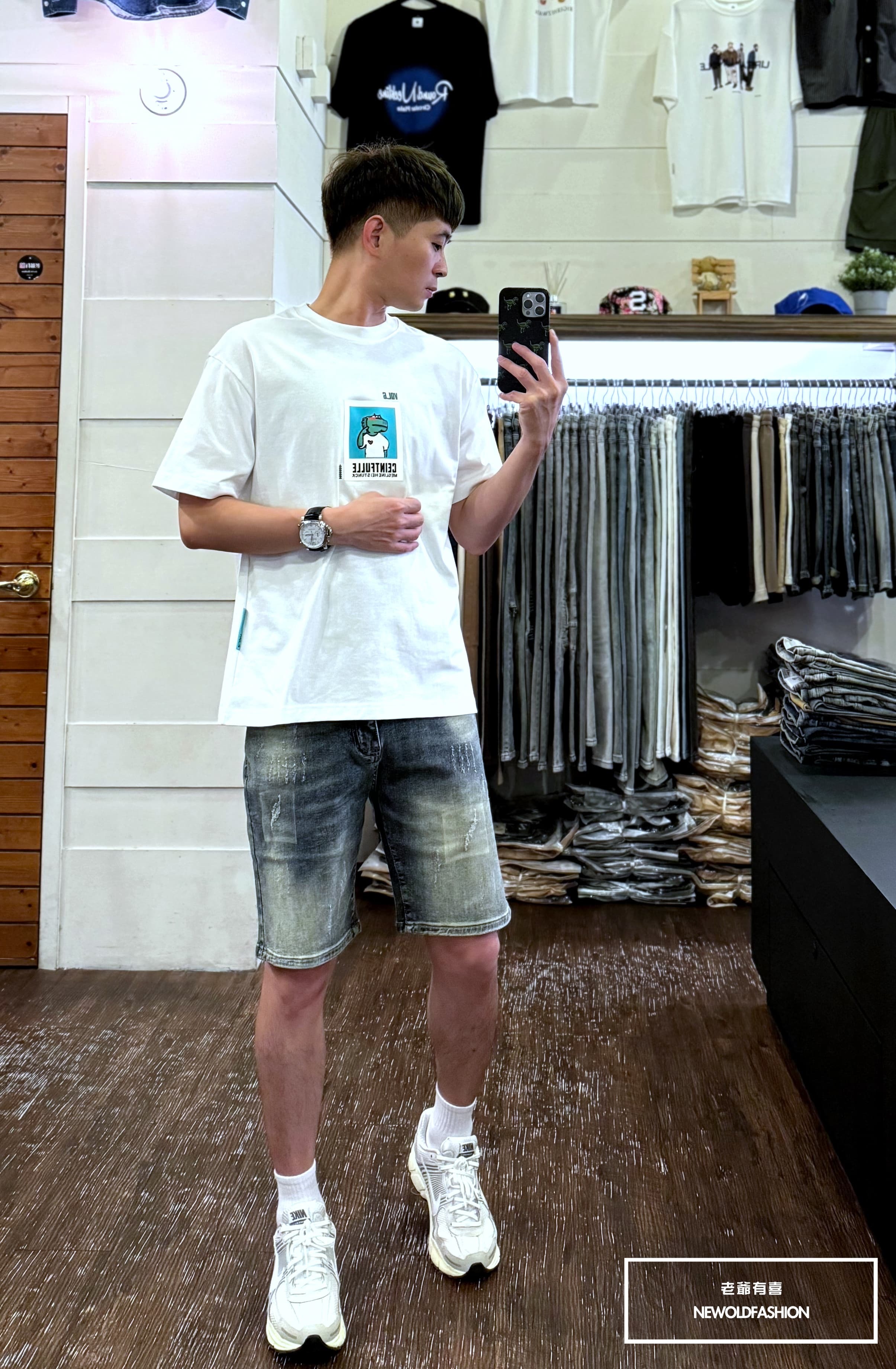 『新品上市』重磅長型印抓痕牛仔短褲(NOF2406396)