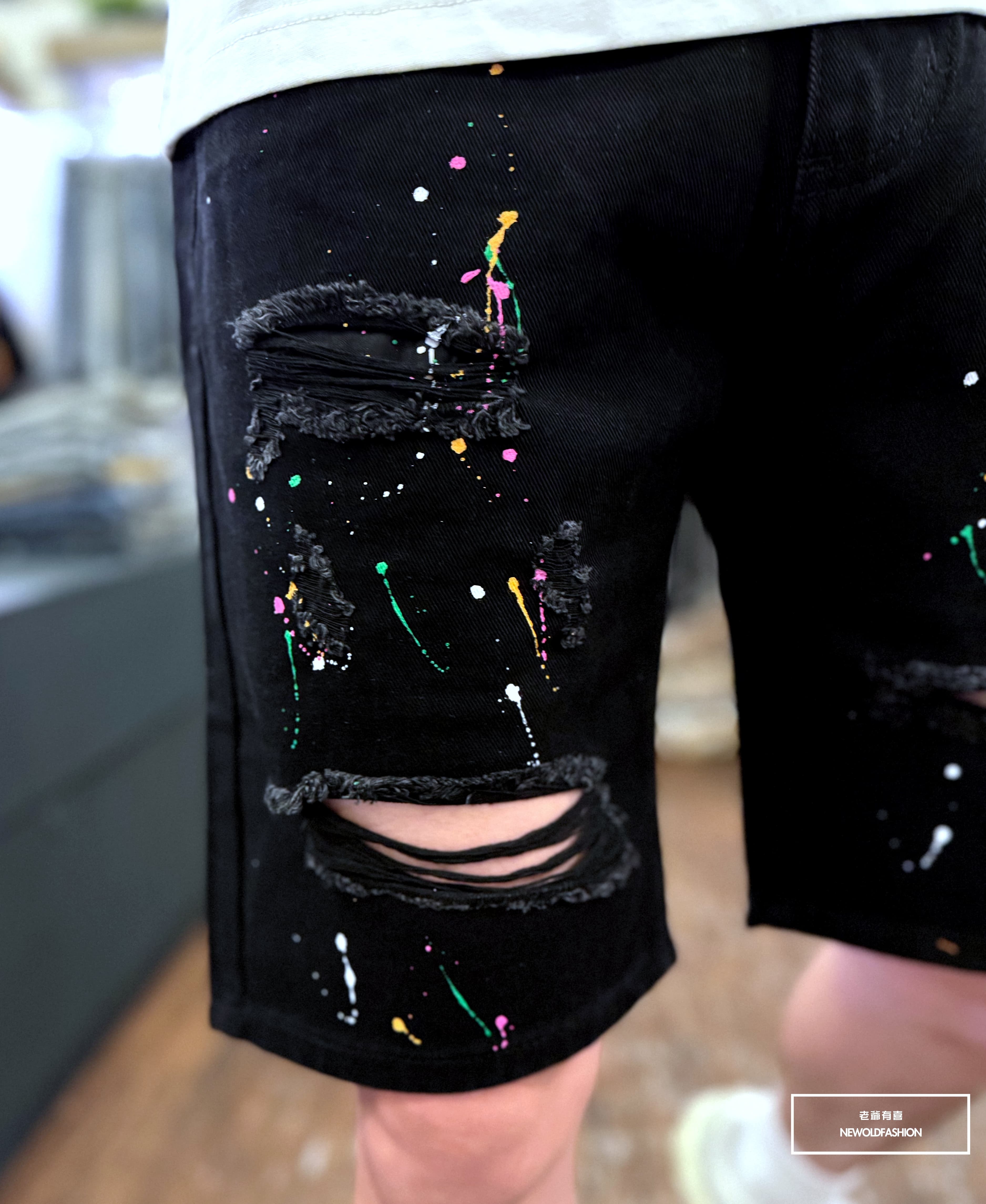 『新品上市』重磅七彩潑墨破壞牛仔短褲(NOF2406369)