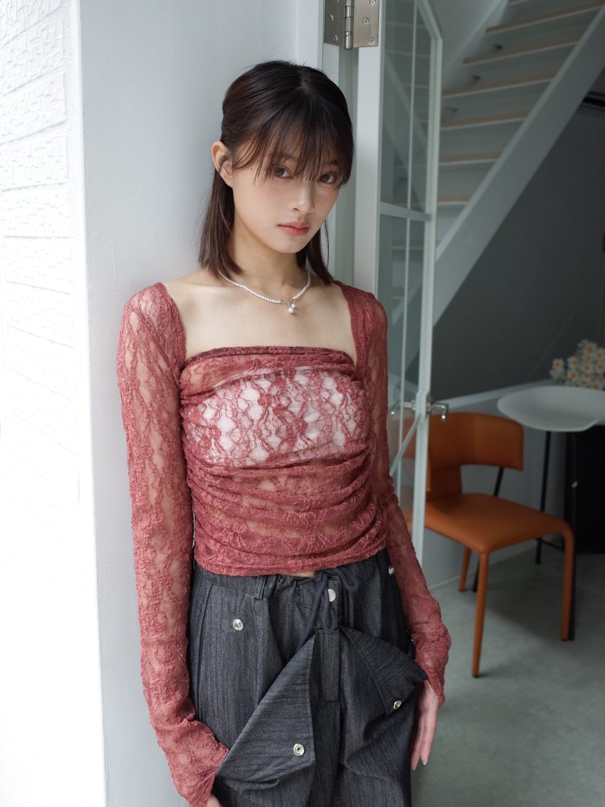 tender touch lace ruched bandeau/crop cardigan