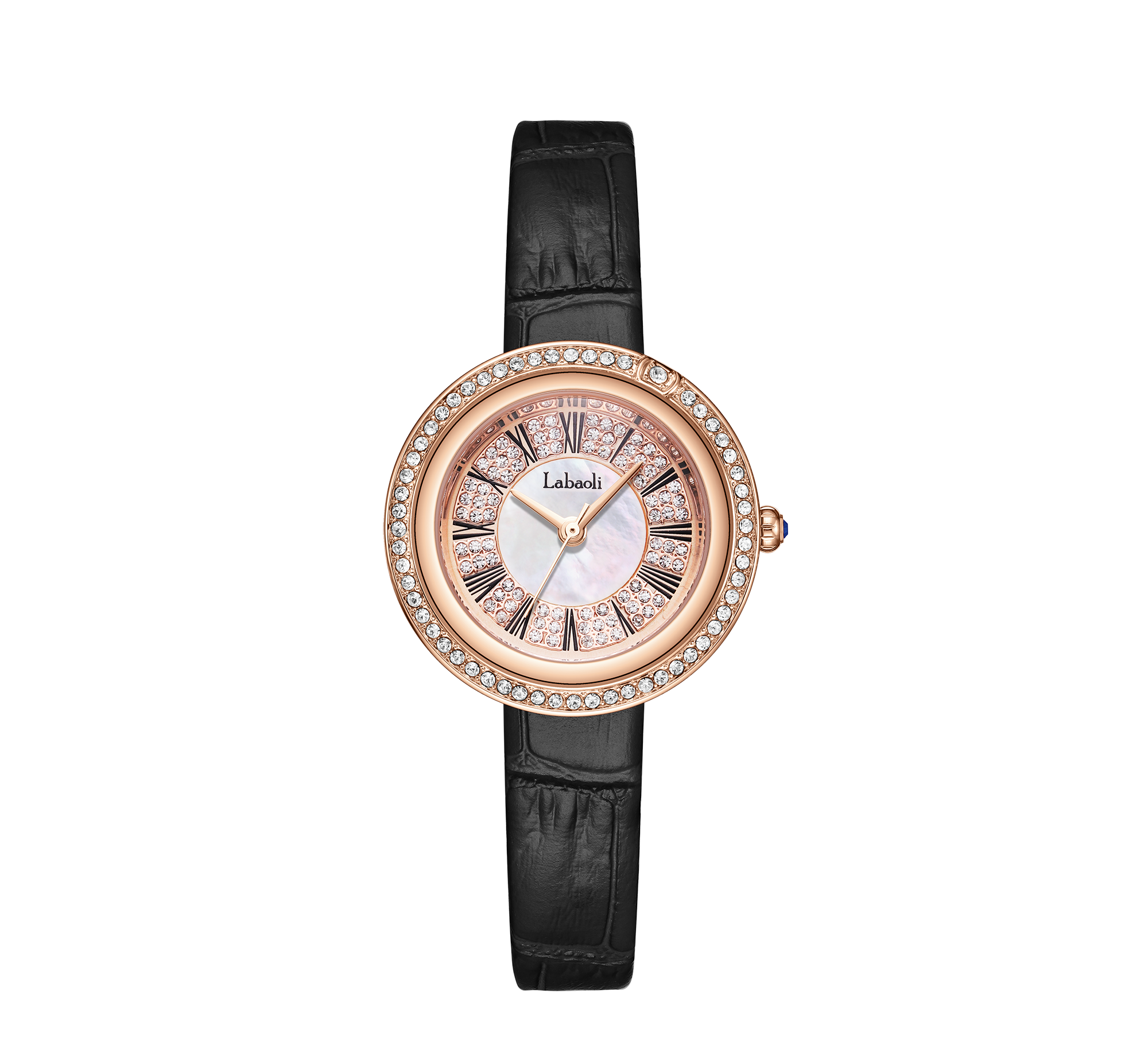 【Labaoli 娜寶麗】晶鑽錶圈 珍珠母貝錶盤 玫瑰金框 皮革腕錶