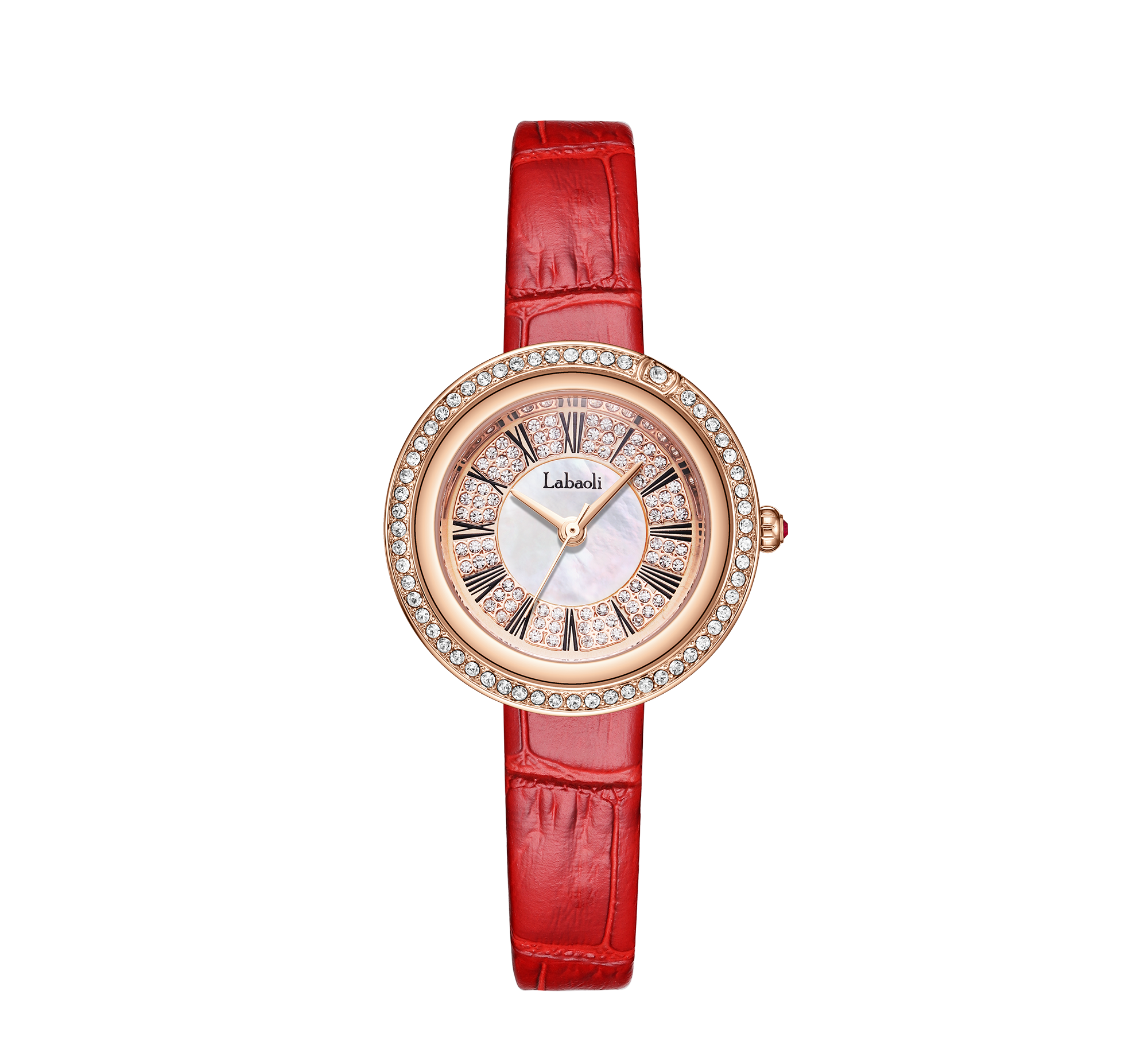 【Labaoli 娜寶麗】晶鑽錶圈 珍珠母貝錶盤 玫瑰金框 皮革腕錶
