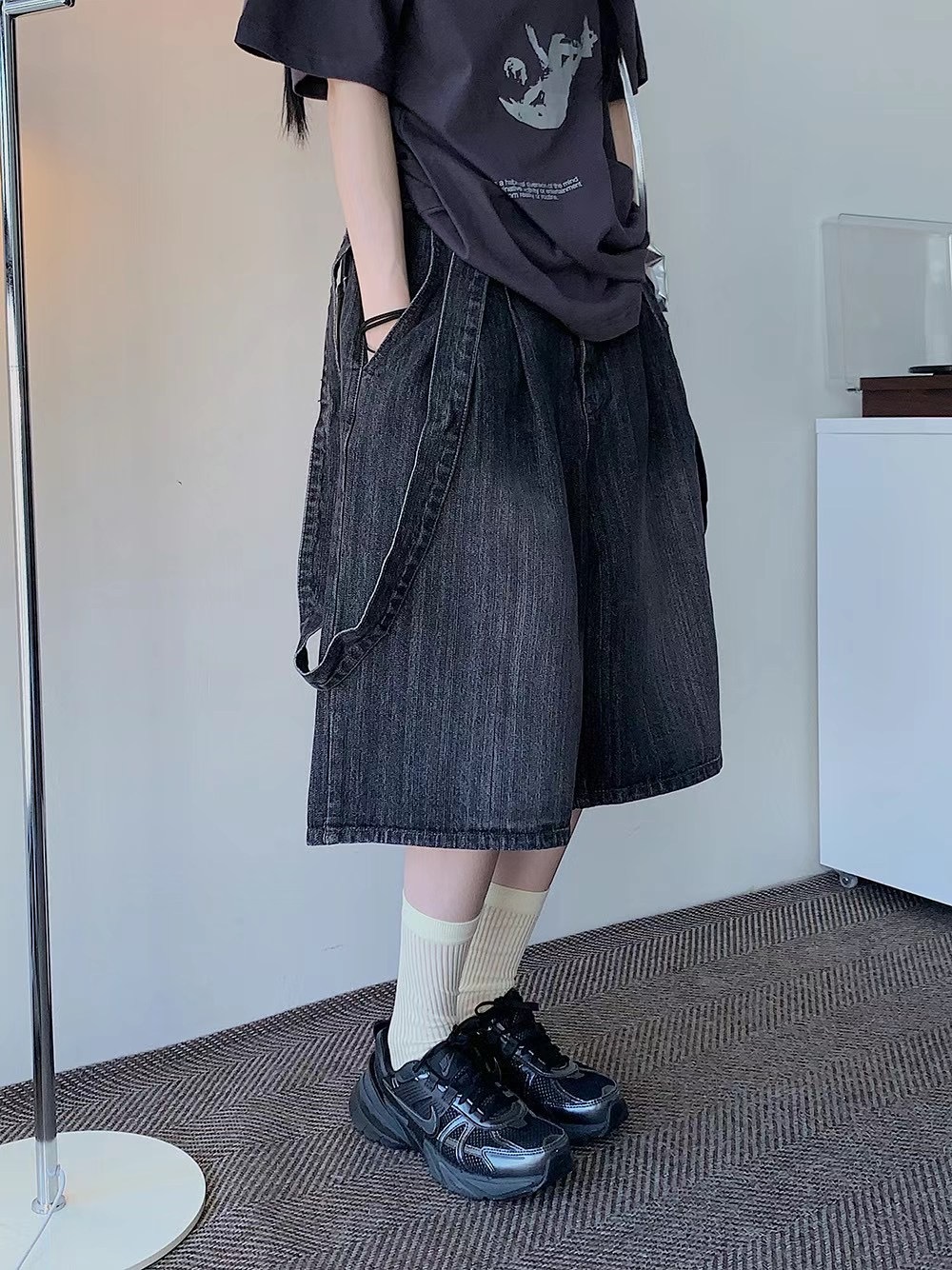 現貨 韓國 Jorts 復古 刷色 吊帶 五分褲