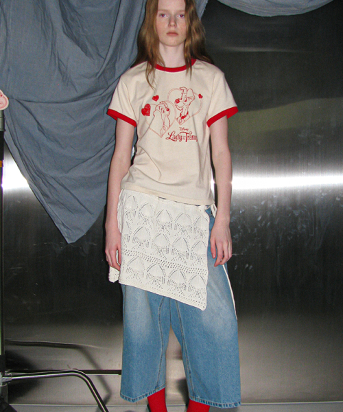 ◆RONRON◆ RINGER LADY AND THE TRAMP SHORT T SHIRT CREAM NAV RINGER LADY AND THE TRAMP SHORT T SHIRT CREAM NAVY - RONRON 론론