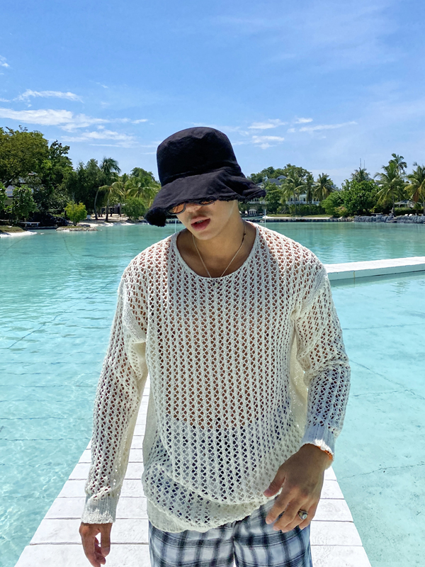 船形領網眼夏季針織衫上衣