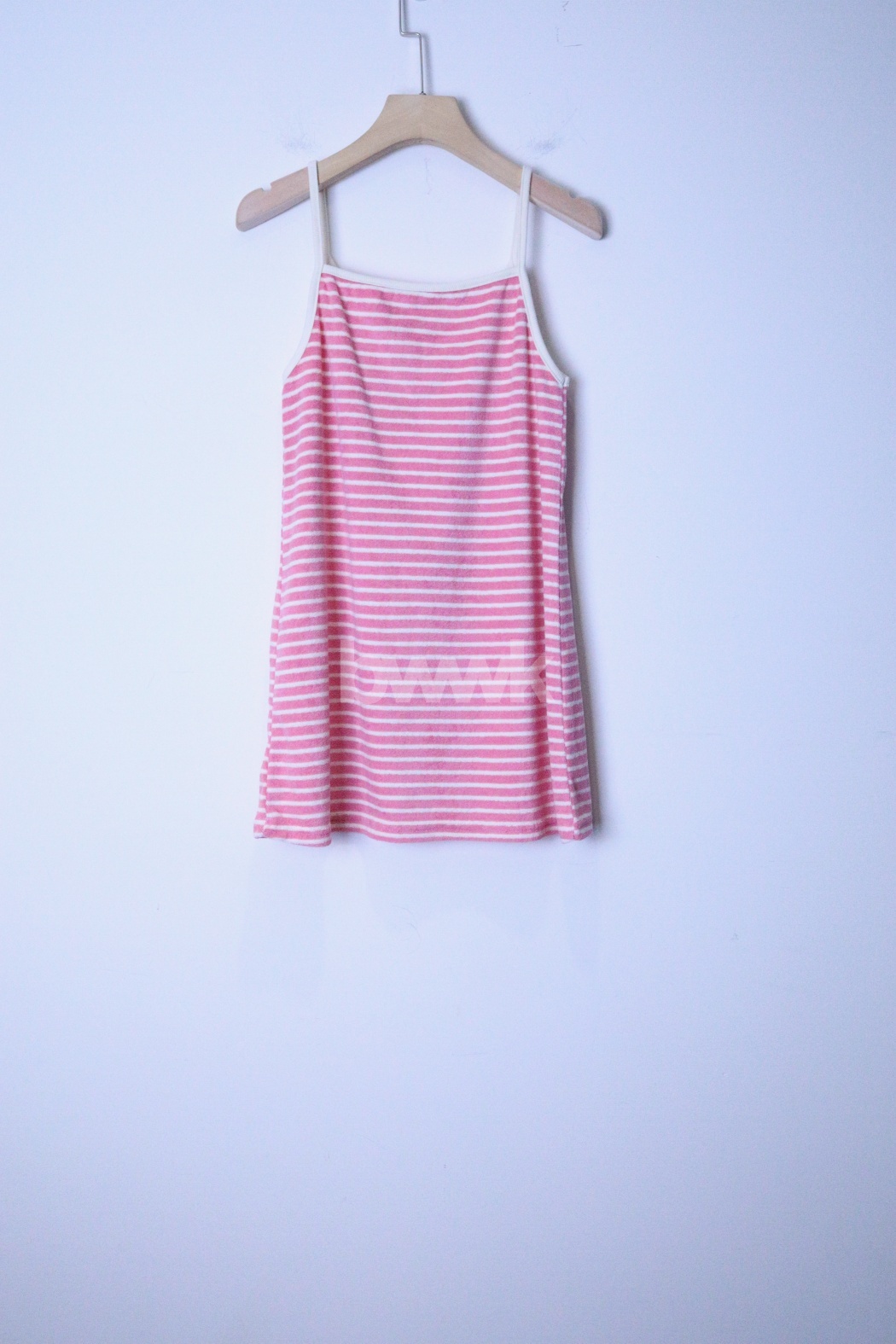 毛巾布條紋細肩短洋-粉