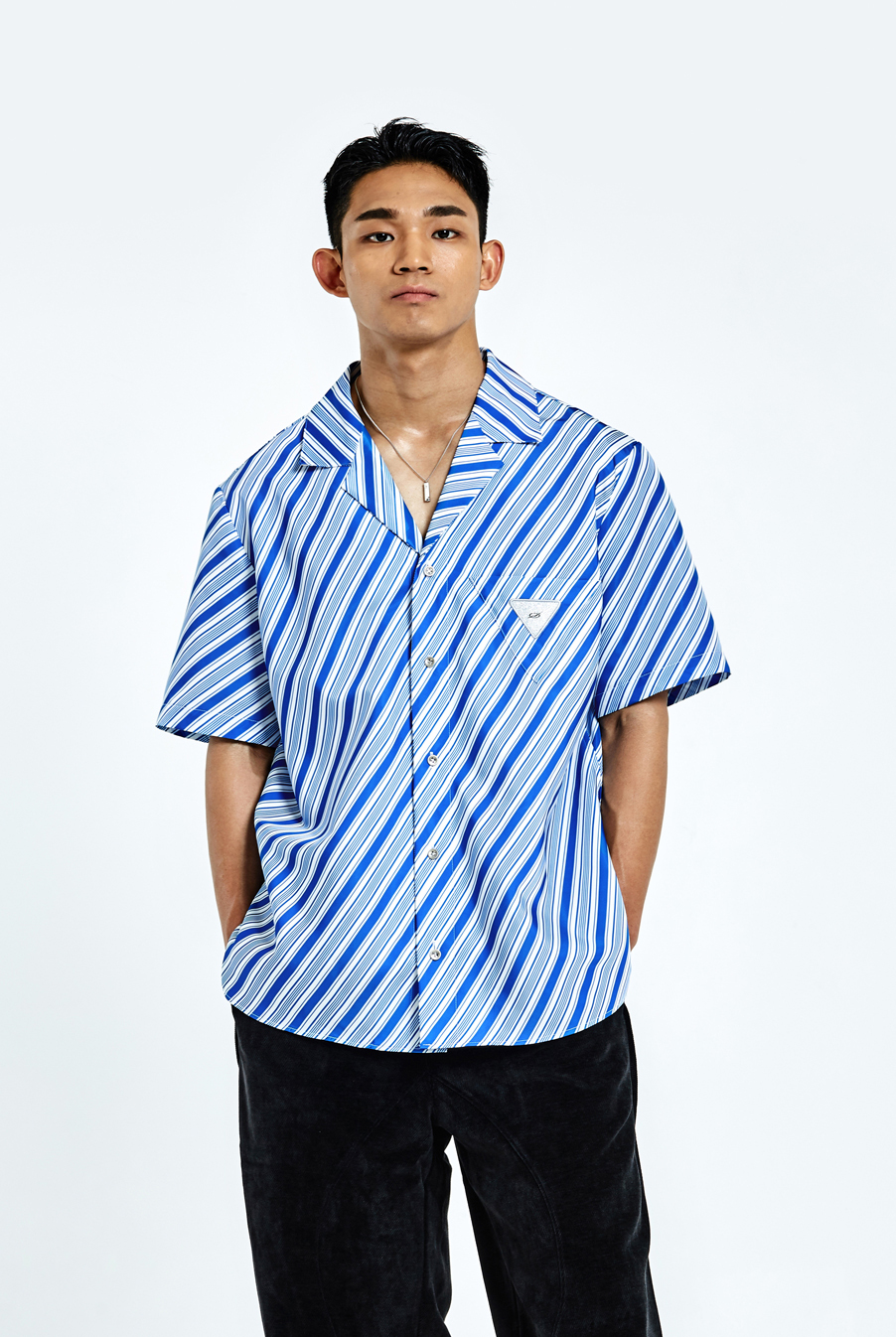 條紋短袖襯衫－海洋藍