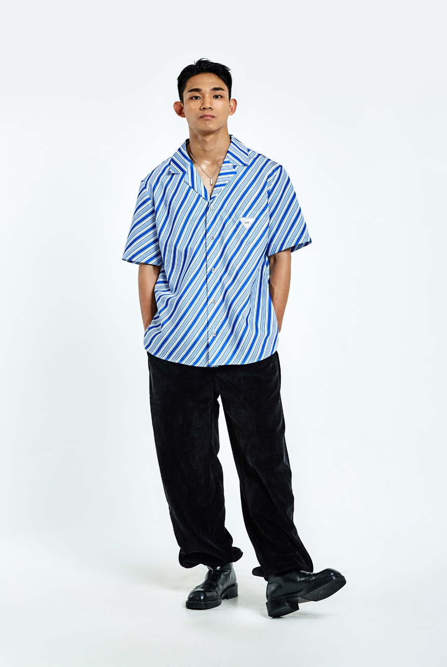 條紋短袖襯衫－海洋藍