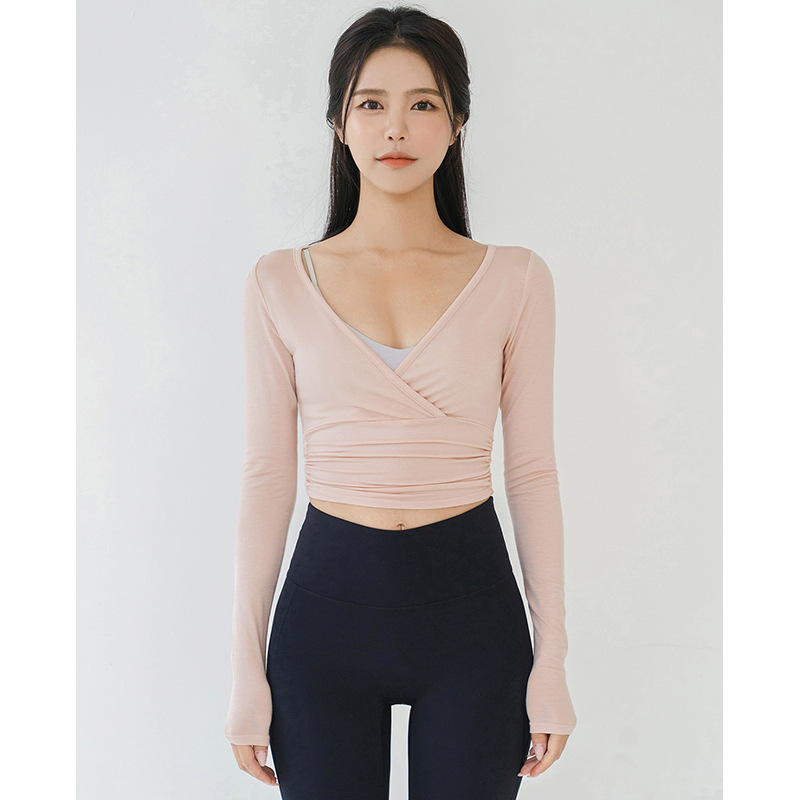 性感深v交叉縐褶感透氣健身上衣(四色)