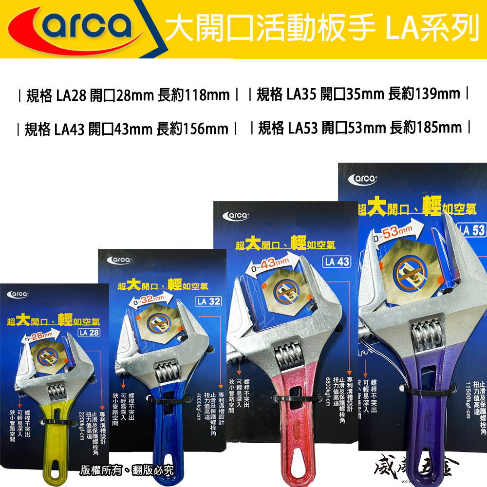 台灣製 ARCA 亞克｜LA 極短型大開口活動板手 尖嘴型膠柄活動扳手｜開口加大 28-53mm｜專利溝槽設計