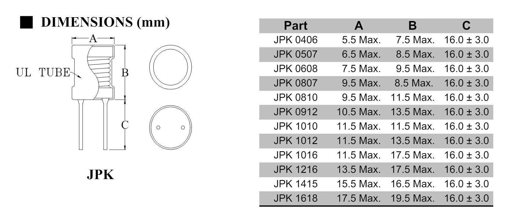 立式電感 (熱縮套外包),尺寸規格