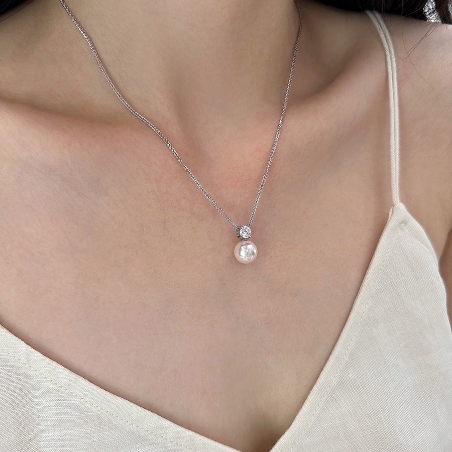 18k高級銀蕾絲鍊 水鑽珍珠墜項鍊