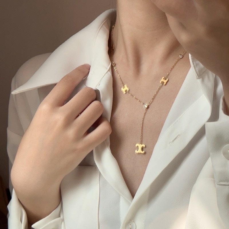 金牌凱旋門鋯石 一體式垂墜v鈦鋼項鍊