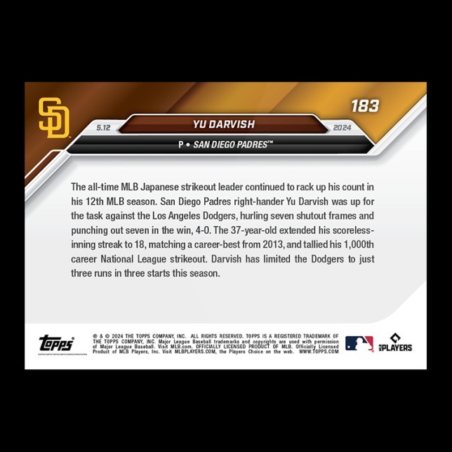 MLB球員卡 Yu Darvish - 2024 MLB TOPPS NOW® Card 183 - PR: 864