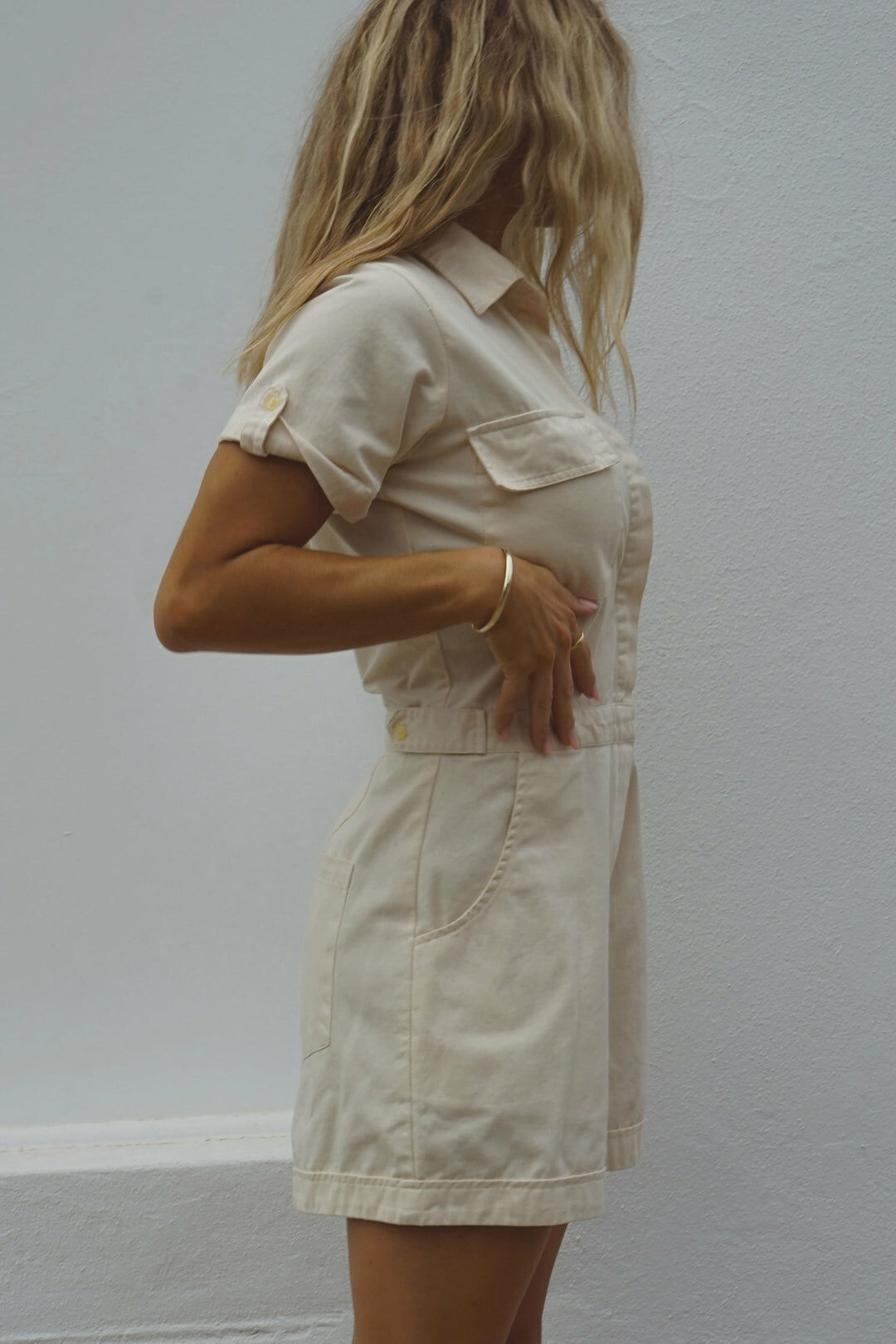 Elsie Romper 米白斜紋布連身褲