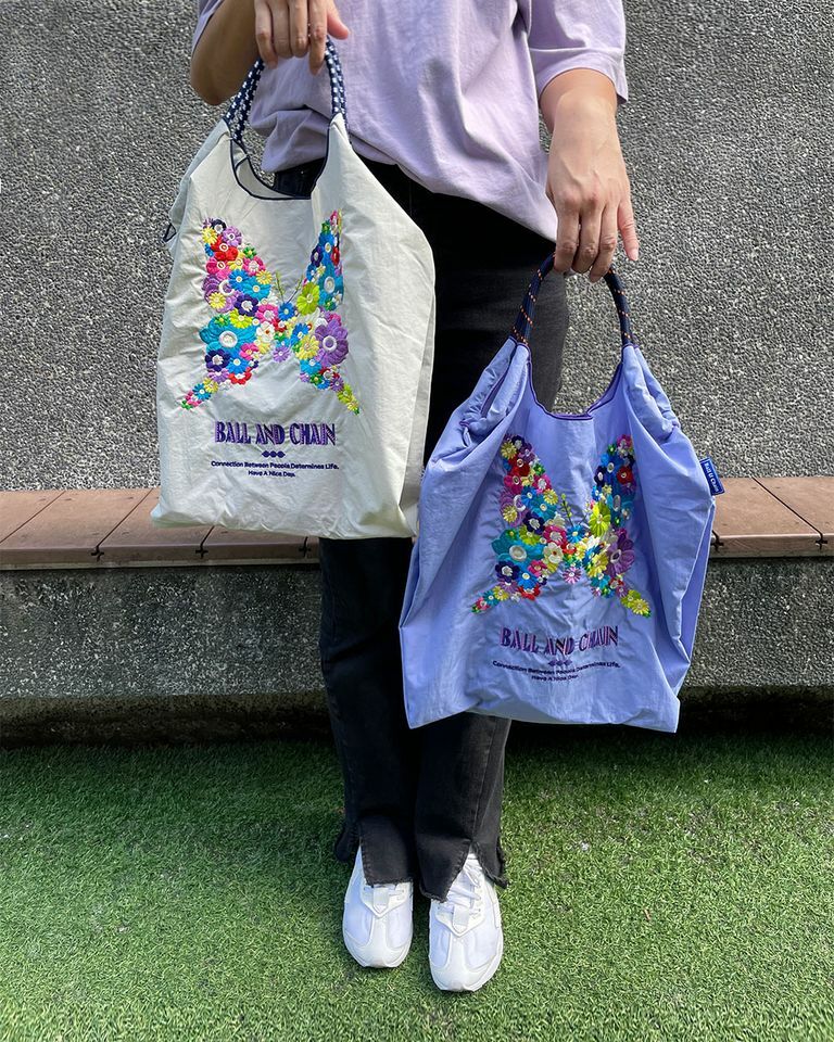 Ball＆Chain 刺繡環保購物袋 M號 - 淺灰 (30101527)