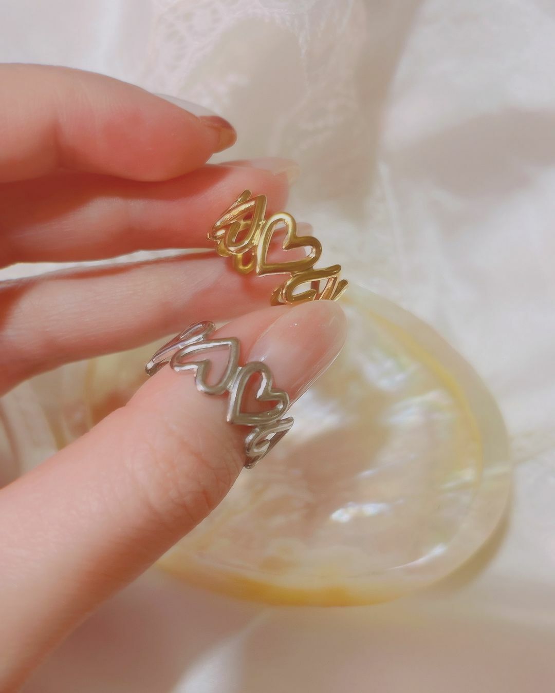 不退色醫療鋼鏤空浪漫個性大愛心開口戒 金銀兩色