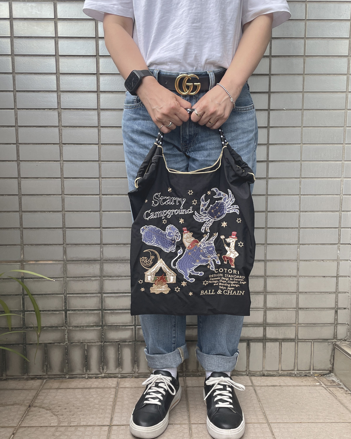 Ball＆Chain 刺繡環保購物袋 M號 - 黑 (32100601)