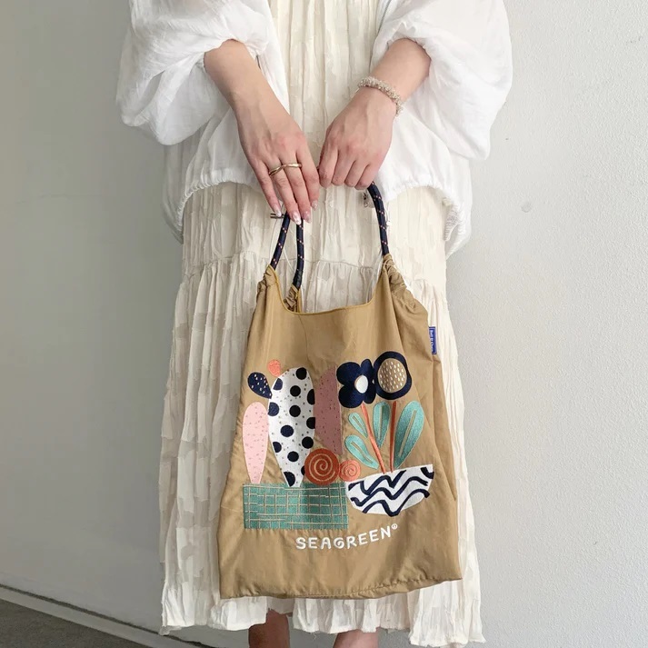 Ball＆Chain 刺繡環保購物袋 M號 - 淺卡其(LSE21S0202-X)