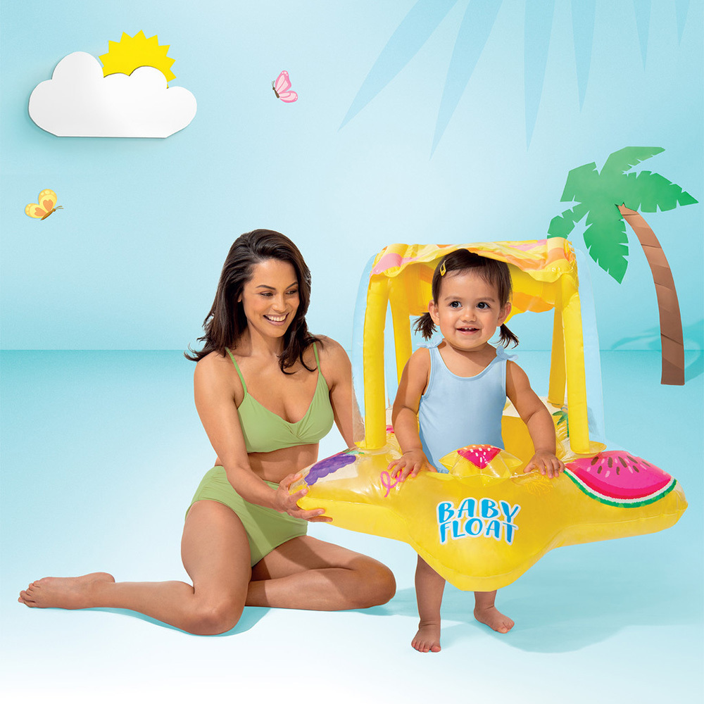 嬰幼兒充氣坐式泳圈水泡連遮陽傘 - 黃