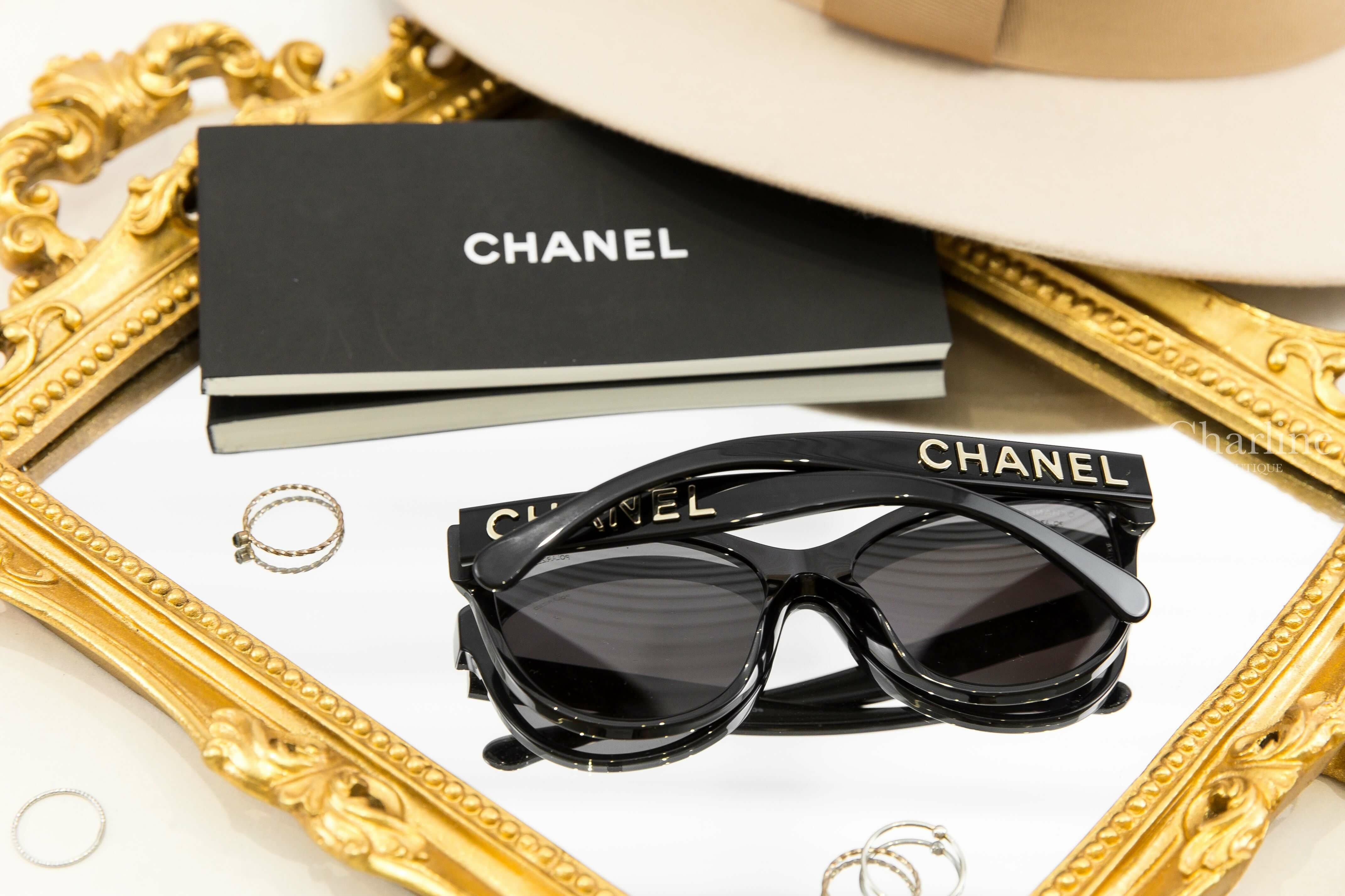 Chanel Pantos Sunglasses 黑色圓框灰色鏡片側邊金色 Logo 太陽眼鏡-Charline Boutique 精品代購
