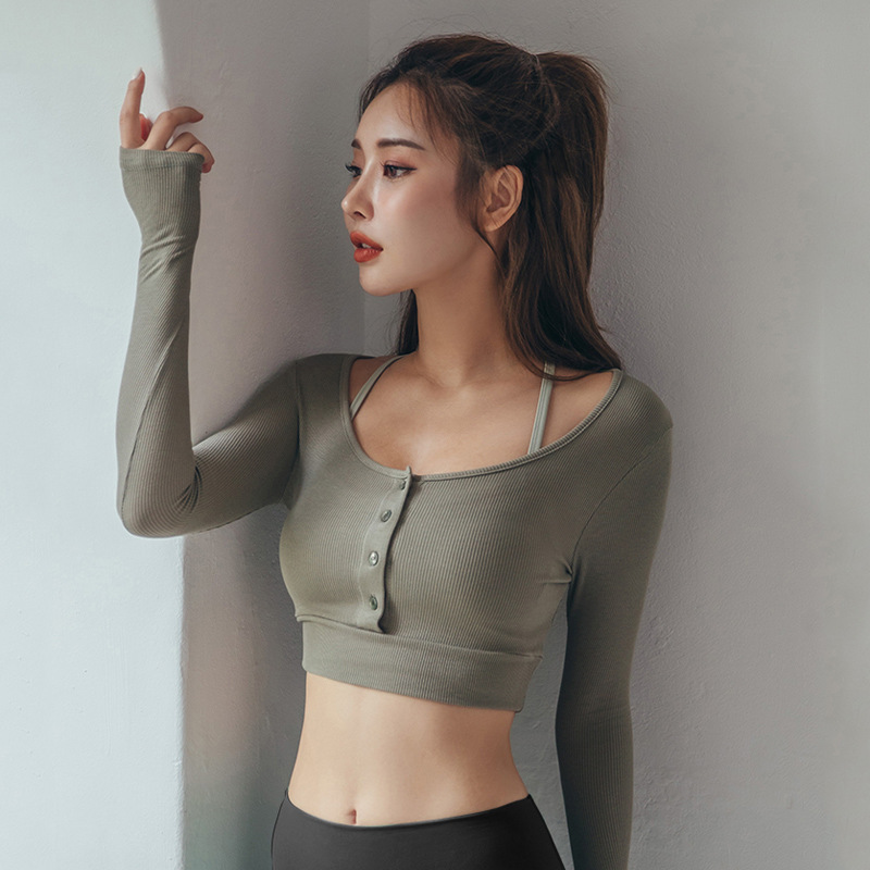 甜辣緊身瑜珈款長袖短版上衣(三色)