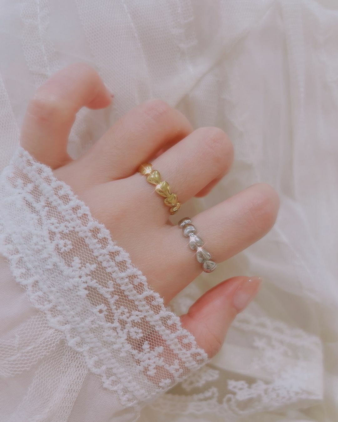 不褪色醫療鋼愛心連接愛心開口戒指